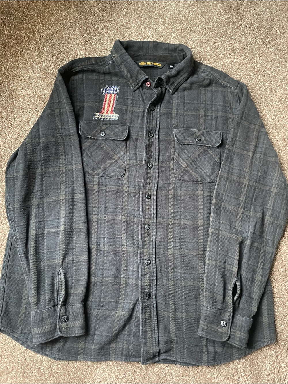 Harley-Davidson Men’s Dark Gray Plaid Button-Down Shirt with Flag Patch